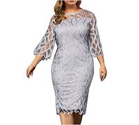 Women Dresses Sale Clearance,Plus Size Pom Dresses UK Elegant Mother of The Bride Dress for Wedding Sexy Long Sleeve Work Office Solid Splicing Perspective Sequin Dress Party Dresses Silver