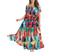 Women Dresses Size 14 UK, Womens Plus Size Summer Maxi Dresses Casual Short Sleeve Crew Neck Swing Long Sundress Flowy Tiered Party Dress for Beach Sister Birthday Gifts,Multicolor,XL,u237k