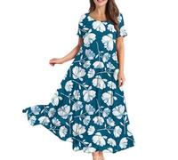 Women Dresses Size 14 UK, Womens Summer Long Dresses Casual Short Sleeve Crew Neck Maxi Sundress Ladies Loose Tshirt Dress Boho Floral Beach Sundresses Gifts for Her,Sky Blue,XXL,u183k