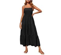 Women Dresses Summer Casual Cami Maxi Spaghetti Strap Dress Crew Neck Elastic Waist Tiered Long Ladies Dresses Solid Color Bohemian Dress for Home Vacation Beach Wedding