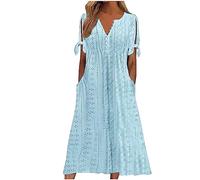 Women Dresses Summer Casual Crewneck Midi Dress Button V Neck Long Dresses with Pocket Lace Swing Short Sleeve Beach Dress Ladies Vacation Loose Floaty Bohemian Dresses for Evening Night Out