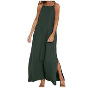 Women Dresses Summer Cotton Linen Dress Spaghetti Strap Sleeveless Dresses Baggy Casual Split Midi Dress Plain Oversized Dresses Solid Holiday Party Beach Dress Elegant Strappy Sundress Green