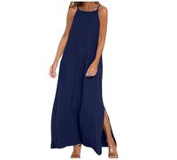 Women Dresses Summer Cotton Linen Dress Spaghetti Strap Sleeveless Dresses Baggy Casual Split Midi Dress Plain Oversized Dresses Solid Holiday Party Beach Dress Elegant Strappy Sundress Navy