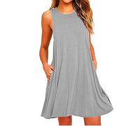 Women Dresses Summer Party Sleeveless Tank Dress Crewneck Solid Color Basic A Line Casual Short Mini Dresses with Pockets Today's Deals Gray