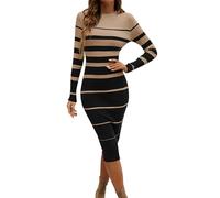 Women Dresses Women's Crew Neck Long Sleeve Close Fitting Sweater Dress Striped Ribbed Knit Slim Belt Skirt Skirt 2024 Long Dresses for Women UK (Black, XL)