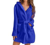 Women Dressing Gown Fluffy - Towelling Bath Robe with Hood & Belt, Plus Size Knee Length Loungewear, Super Soft Warm V-Neck Ladies Nightshirt, Comfortable Women Towelling Bath Robe Blue