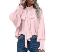 Women Dressy Pullover Elegant Bow Tie Knot Mock Neck Top Ruffle Frill Lantern Sleeve Chiffon Shirts Ladies Office Work Longline Blouse Casual Loose-Fit Cuff Long Sleeve Tops Pink