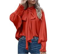 Women Dressy Pullover Elegant Bow Tie Knot Mock Neck Top Ruffle Frill Lantern Sleeve Chiffon Shirts Ladies Office Work Longline Blouse Casual Loose-Fit Cuff Long Sleeve Tops Orange