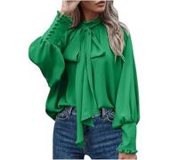 Women Dressy Pullover Elegant Bow Tie Knot Mock Neck Top Ruffle Frill Lantern Sleeve Chiffon Shirts Ladies Office Work Longline Blouse Casual Loose-Fit Cuff Long Sleeve Tops Green