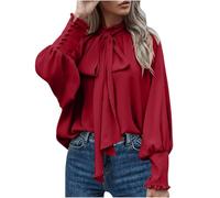 Women Dressy Pullover Elegant Bow Tie Knot Mock Neck Top Ruffle Frill Lantern Sleeve Chiffon Shirts Ladies Office Work Longline Blouse Casual Loose-Fit Cuff Long Sleeve Tops Red