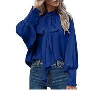 Women Dressy Pullover Elegant Bow Tie Knot Mock Neck Top Ruffle Frill Lantern Sleeve Chiffon Shirts Ladies Office Work Longline Blouse Casual Loose-Fit Cuff Long Sleeve Tops Blue