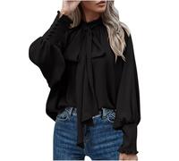 Women Dressy Pullover Elegant Bow Tie Knot Mock Neck Top Ruffle Frill Lantern Sleeve Chiffon Shirts Ladies Office Work Longline Blouse Casual Loose-Fit Cuff Long Sleeve Tops Black