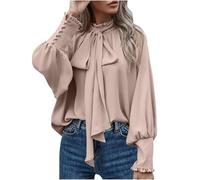 Women Dressy Pullover Elegant Bow Tie Knot Mock Neck Top Ruffle Frill Lantern Sleeve Chiffon Shirts Ladies Office Work Longline Blouse Casual Loose-Fit Cuff Long Sleeve Tops Beige