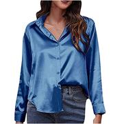 Women Dressy Silk Satin Button-Down Shirts Long Sleeve Oversized Shirt Lightweight Casual Loose-Fit Office Work Blouses Ladies Collared Neck Curved Hem Tops Party Going Out Clothes Sky Blue