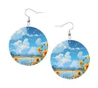 Women Earring Anime Sunflower Riverside Drop Leather Earrings Novelty Leather Teardrop Earrings Lightweight Dangle Earring For Mother’S Day Anniversary Girl