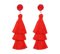 Women Earrings for Ramadan Days Easter Bohemian Three Layer Tassel Earrings Simple Exaggerated Earrings 80s Clip on Earrings (Red, One Size)