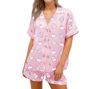 Women Easter Pajamas Set Bow Rabbit Print Button Lapel Short Sleeves T-Shirt and Elastic Shorts Sets Bunny Sleepwear Loungewear (Pink Base A, M)