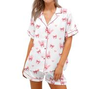 Women Easter Pajamas Set Bow Rabbit Print Button Lapel Short Sleeves T-Shirt and Elastic Shorts Sets Bunny Sleepwear Loungewear (Ivory A, L)