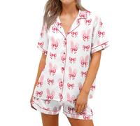 Women Easter Pajamas Set Bow Rabbit Print Button Lapel Short Sleeves T-Shirt and Elastic Shorts Sets Bunny Sleepwear Loungewear (White A, S)