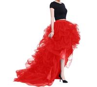 Women Elastic High Waisted High Low Mesh Tulle Tutu Skirt Gothic Wedding Festival Party Christmas Halloween Dance Princess A-line Skirt Red