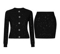 Women Elastic Knitted Bright Silk Round Neck Diamond Button Cardigan Slim Fit Short Skirt Set Suit1 L