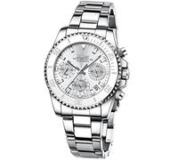 Women Elegant Chronograph Rotatable Bezel Mineral Glass Luminous Watch Stainless Steel Waterproof Date Analog Quartz Watch Fashion Business Dress Wrist Watch, Silver white, Business Dress Watches