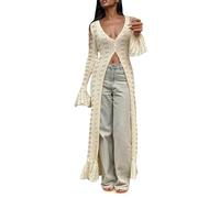 Women Elegant Crochet Knit Maxi Dress Button Down Hollow Out Cover up Cardigan Sexy V Neck Holiday Style New Hollow Flared Sleeve Wool Jacket Casual Long Loose Hem Unique Design Top Beige
