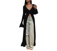 Women Elegant Crochet Knit Maxi Dress Button Down Hollow Out Cover up Cardigan Sexy V Neck Holiday Style New Hollow Flared Sleeve Wool Jacket Casual Long Loose Hem Unique Design Top Black
