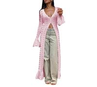 Women Elegant Crochet Knit Maxi Dress Button Down Hollow Out Cover up Cardigan Sexy V Neck Holiday Style New Hollow Flared Sleeve Wool Jacket Casual Long Loose Hem Unique Design Top Pink
