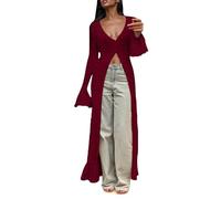 Women Elegant Crochet Knit Maxi Dress Button Down Hollow Out Cover up Cardigan Sexy V Neck Holiday Style New Hollow Flared Sleeve Wool Jacket Casual Long Loose Hem Unique Design Top