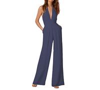 Women Elegant Deep V-Neck Sleeveless Solid Color Jumpsuit Playsuit - Fashion Wide Leg Palazzo Pants Romper Overall Sexy One Piece Jumpsuits Evening Vacation Work Cocktail Party Going Out Dark Blue