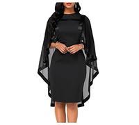 Women Elegant Formal Dress Two Piece Midi Tunic Party Cocktail Dress with Cape Sleeve, Plus Size Black