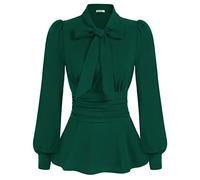 Women Elegant Long Sleeve Corset-Style Blouse Vintage Long Sleeve Stand Collar Tops for Work Office Dark Green M