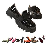 Women Elegant Non-Slip Thick-Soled Slip-on Loafers, Chunky Heel Platform Non-Slip Slip-on Loafers for Office School Casual Wear (Black-1,3)