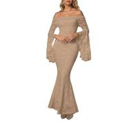 Women Elegant Off Shoulder Floral Embroidered Lace Maxi Dress Bell Sleeve Slim Fit Mermaid Floral Cutout Long Gown Wedding Party Khaki Long Dress