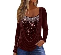 Women Elegant Sequin Tops Party Glitter Ruched Wrap Tops Sparkly Blouse Comfortable Casual Diamonds Long Sleeved Stretchy Scoop Neck Top Fake Two Pieces Slim Fit Blouse Office Wear Shirt Pullover Red