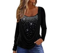 Women Elegant Sequin Tops Party Glitter Ruched Wrap Tops Sparkly Blouse Comfortable Casual Diamonds Long Sleeved Stretchy Scoop Neck Top Fake Two Pieces Slim Fit Blouse Office Wear Shirt Pullover