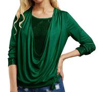 Women Elegant Sequin Tops Party Glitter Ruched Wrap Tops Sparkly Blouse Comfortable Casual Diamonds Long Sleeved Stretchy Scoop Neck Top Fake Two Pieces Slim Fit Blouse Office Wear Shirt Pullover