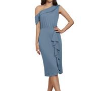 Women Elegant Sleeveless Slant Collar Bodycon Dress Asymmetric One-Shoulder Evening Gowns Gray Blue S
