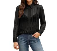 Women Elegant Striped Blouse Sheer Long Sleeve Collared Shirt Button Down Loose Fit See Through Mesh Blouse Smart Casual Top for Work