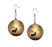 Women Elk Artwork Wooden Earrings Lightweight Dangle Earrings Geometric Drop Earring Vintage Round Retro Daily Wear Jewelry Gift for Wedding Party Graduation