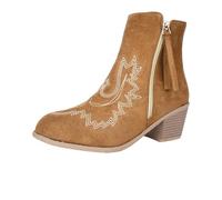 Women Embroidered Ankle Boots Faux Suede Side Zipper Block Heel