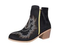 Women Embroidered Ankle Boots Faux Suede Side Zipper Block Heel