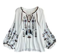 Women Embroidered Blouse Top Shirt Pullover Loose Causal Tie Neck Tops White one size