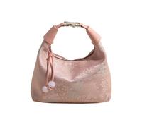 Women Embroidery Shoulder Bag Handbag with Pearl Pendant Nylon Sling Bag (Pink)