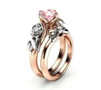 women Engagement Wedding Ring 2Pcs/Set 14K Rose Gold Zircon Crystal Flower Ring-#1 Rose Gold-9