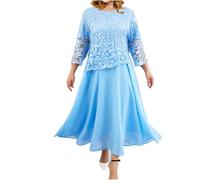 Women Evening Gowns Elegant 3/4 Sleeve Embroidered Lace Maxi Dress Chiffon Modest Formal Cocktail Dresses Mothers of The Bride/Groom Outfits Plus Size My Orders Sale Clearance Deal Sky Blue