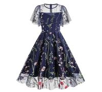 Women Evening Tea Dress Audrey Hepburn 1950s Lace Floral Embroidered Cocktail Party Dress Elegant A Line Retro Mesh Dresses Swing Flowy Vintage Rockabilly 60s Dance Gown UK Sale Clearance