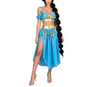 Women Exotic Arabian Princess Costume Cold Shoulder Tops Skirt Headpiece | Halloween middle eastern dance outfit, bright blue color, 3 pcs set costume