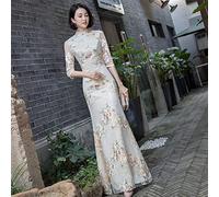 Women Exquisite Flower Embroidery Novelty Cheongsam Sexy Slim Elegant Qipao Champagne Temperament Long Chinese Mermaid Dress (Color : Champagne, Size : S)
